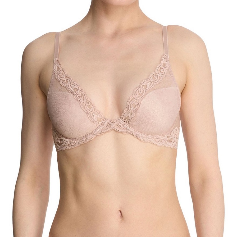 NWT Natori Feathers Contour Dramatic Plunge Rose Beige Lace Cup 30DD